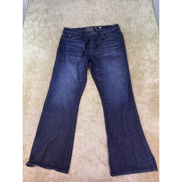 Vintage GUESS Jeans Cliff Boot Cut Mens 38x32 Blue Dark Wash Thigh Fade Y2K E214 - Picture 1 of 14